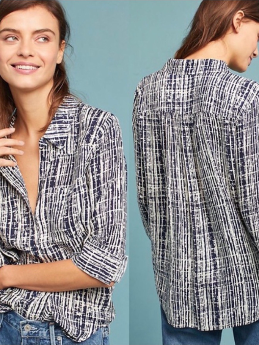 Anthropologie Holding Horses Navy And White Textured Grid Button-Down Shirt